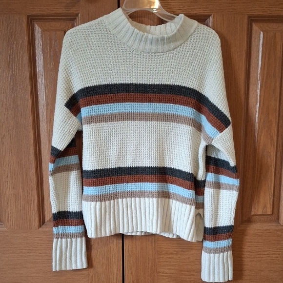 SO Sweaters - SO Women's Striped Cowl Neck Sweater - Cream, Brown, Blue